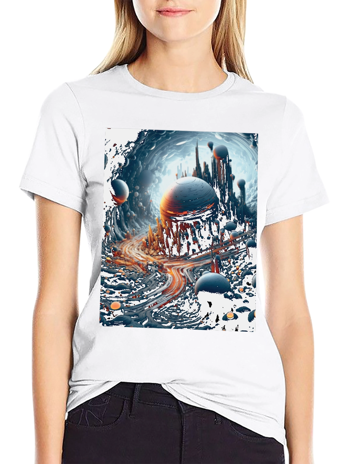 Sci-Fi Cityscape Graphic Tee - Bold Black Cotton T-Shirt