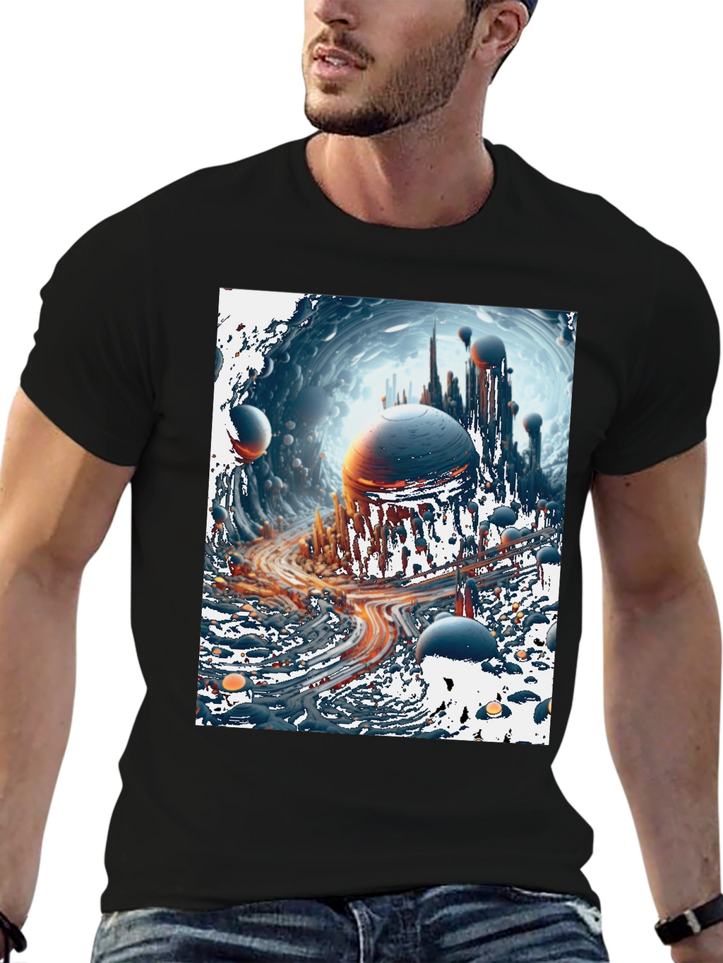 Sci-Fi Cityscape Graphic Tee - Bold Black Cotton T-Shirt