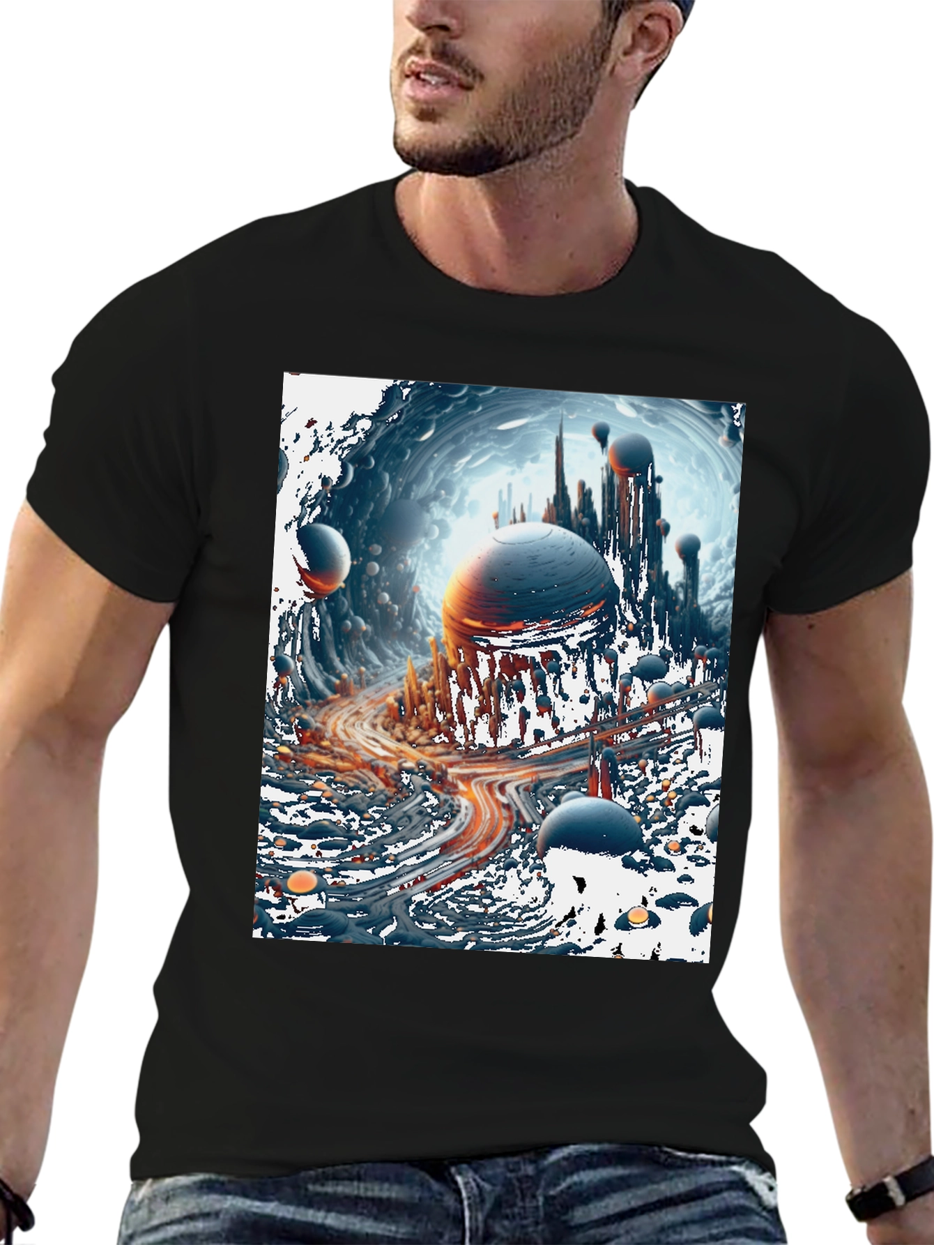 Sci-Fi Cityscape Graphic Tee - Bold Black Cotton T-Shirt