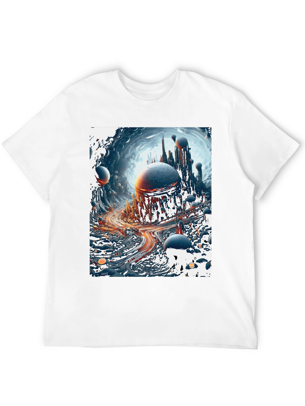 Sci-Fi Cityscape Graphic Tee - Bold Black Cotton T-Shirt