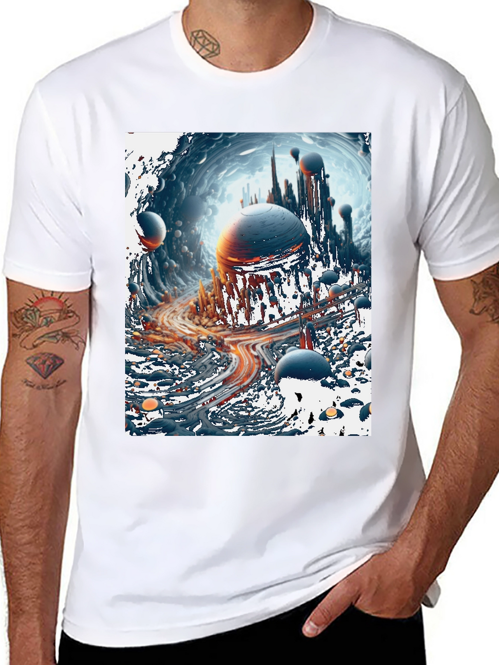 Sci-Fi Cityscape Graphic Tee - Bold Black Cotton T-Shirt