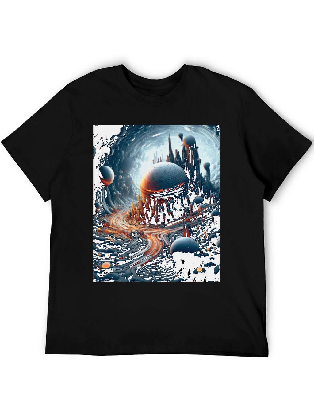 Sci-Fi Cityscape Graphic Tee - Bold Black Cotton T-Shirt
