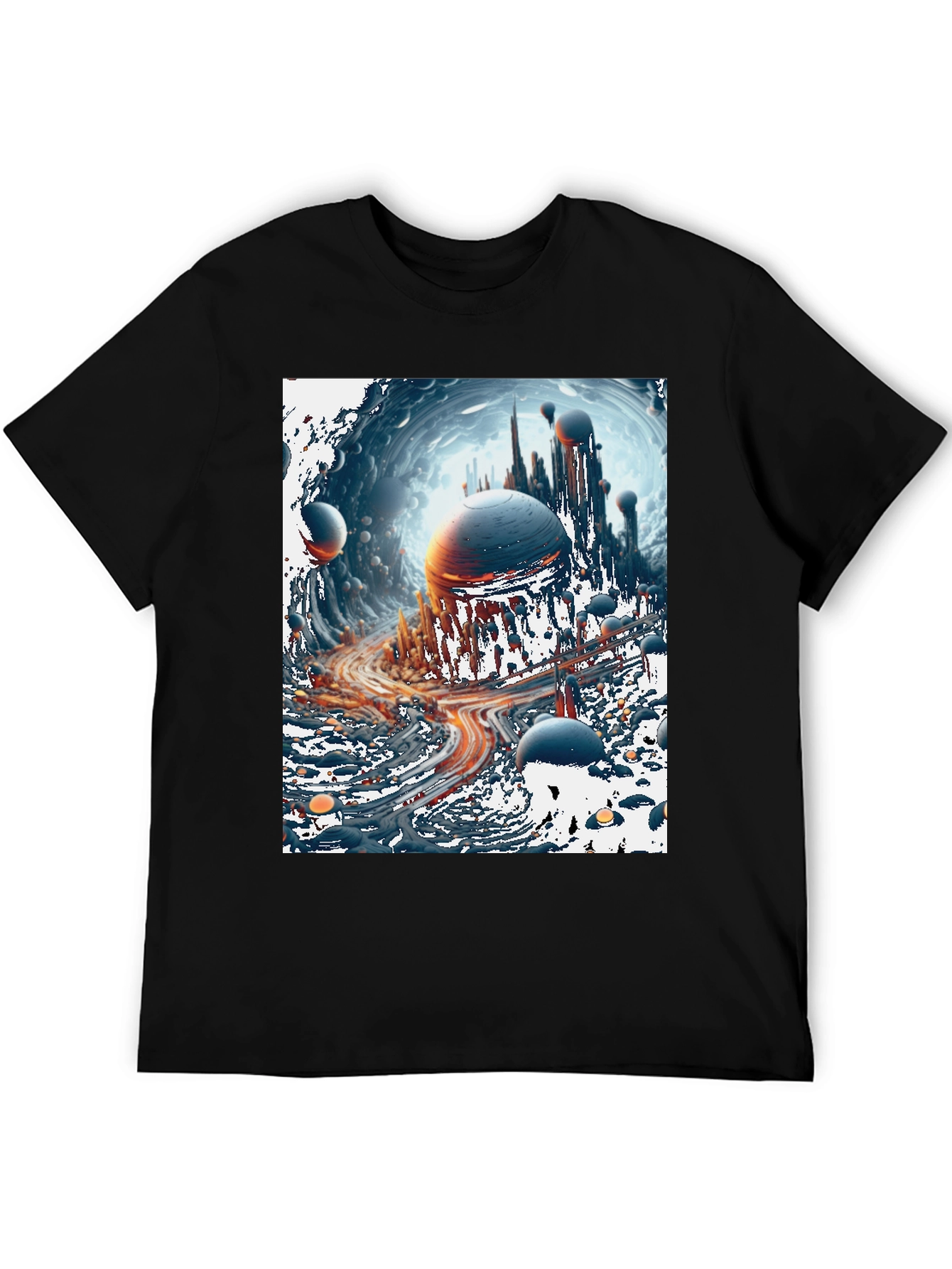 Sci-Fi Cityscape Graphic Tee - Bold Black Cotton T-Shirt
