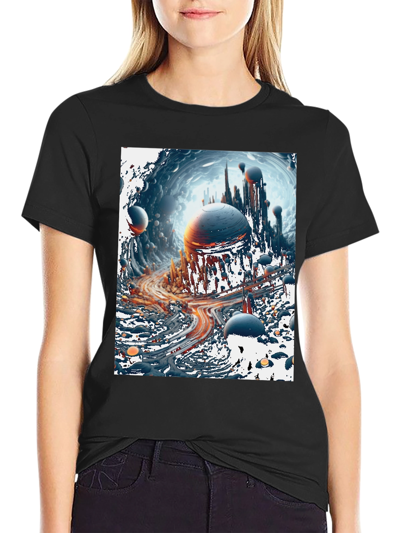 Sci-Fi Cityscape Graphic Tee - Bold Black Cotton T-Shirt