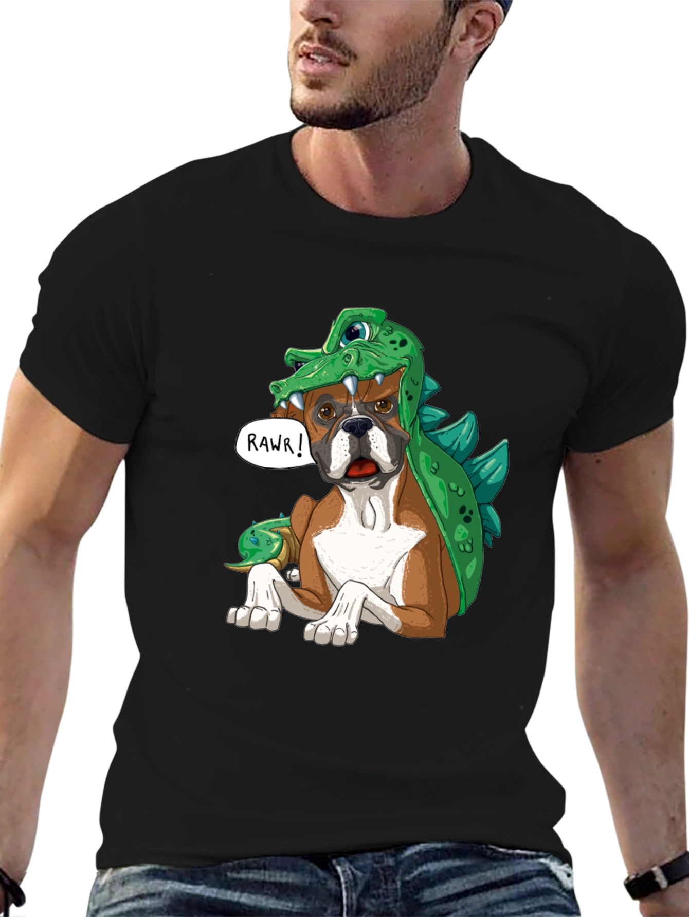 Dog in Dinosaur Costume T-Shirt - Rawr!