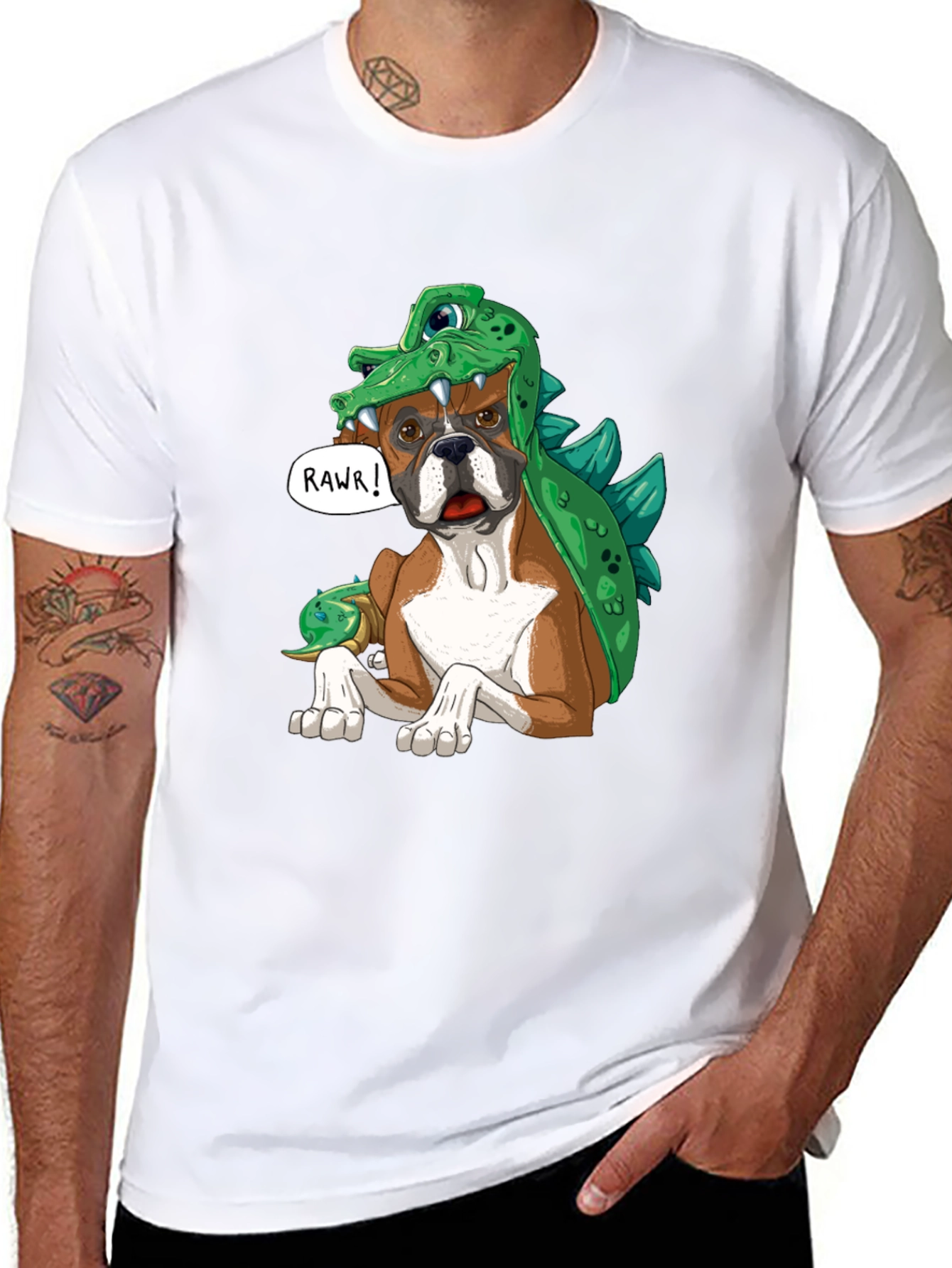 Dog in Dinosaur Costume T-Shirt - Rawr!