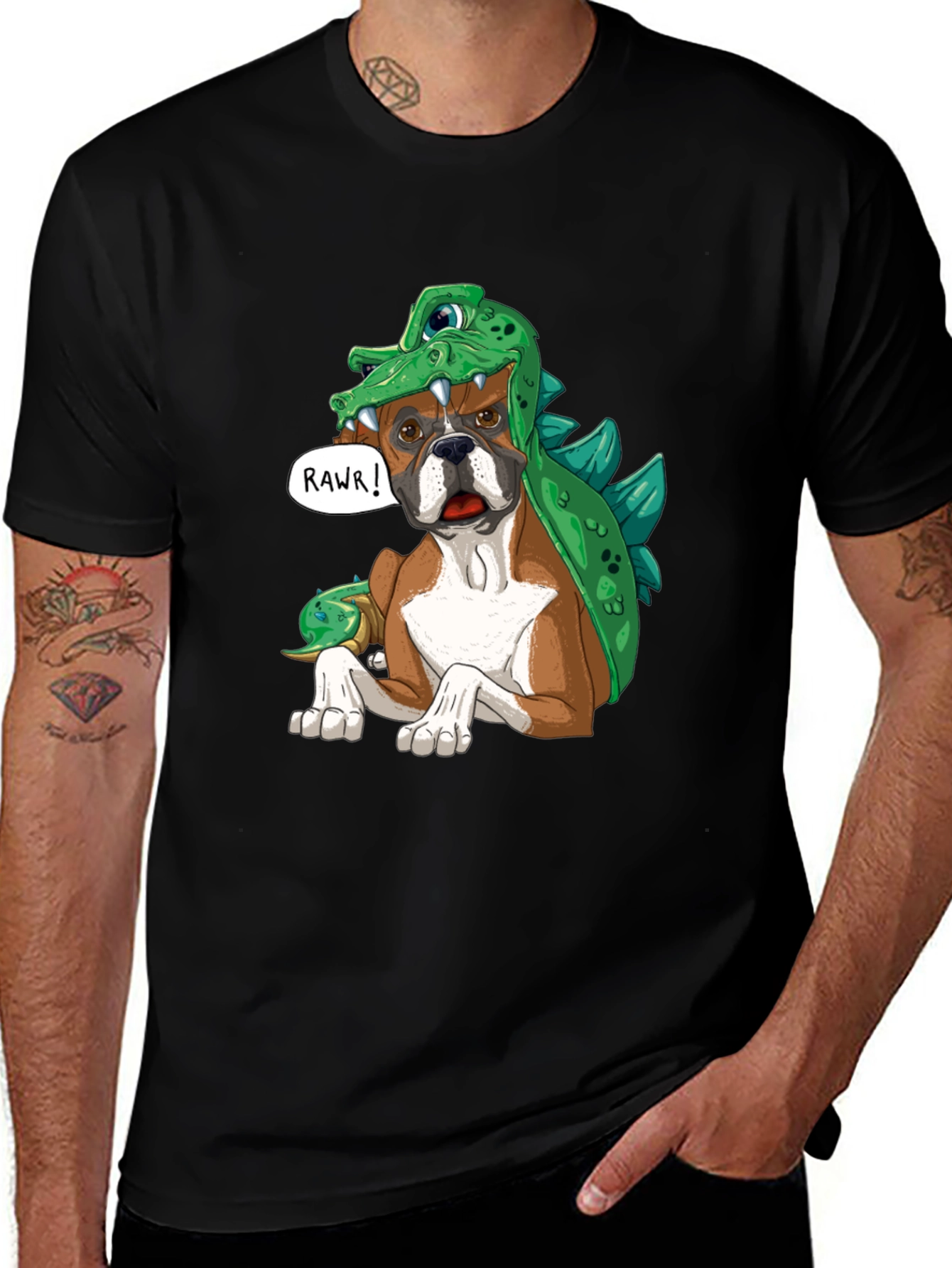 Dog in Dinosaur Costume T-Shirt - Rawr!
