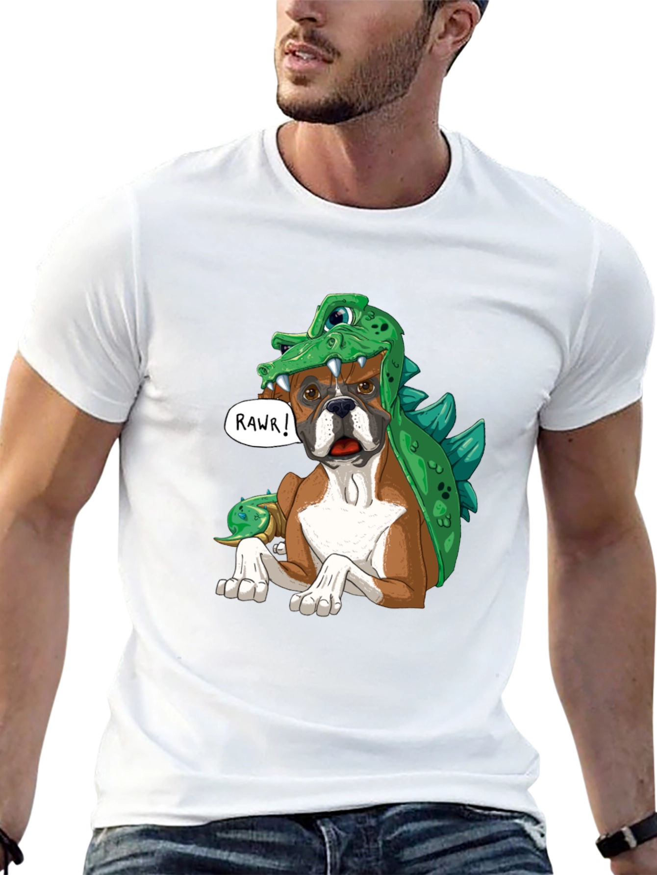 Dog in Dinosaur Costume T-Shirt - Rawr!