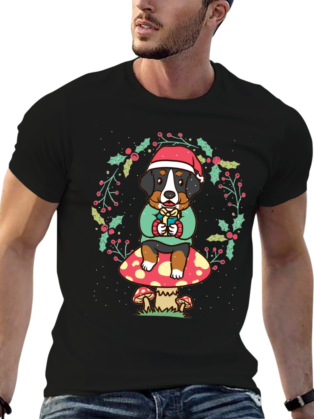 Holiday Dog on Mushroom Graphic Tee
