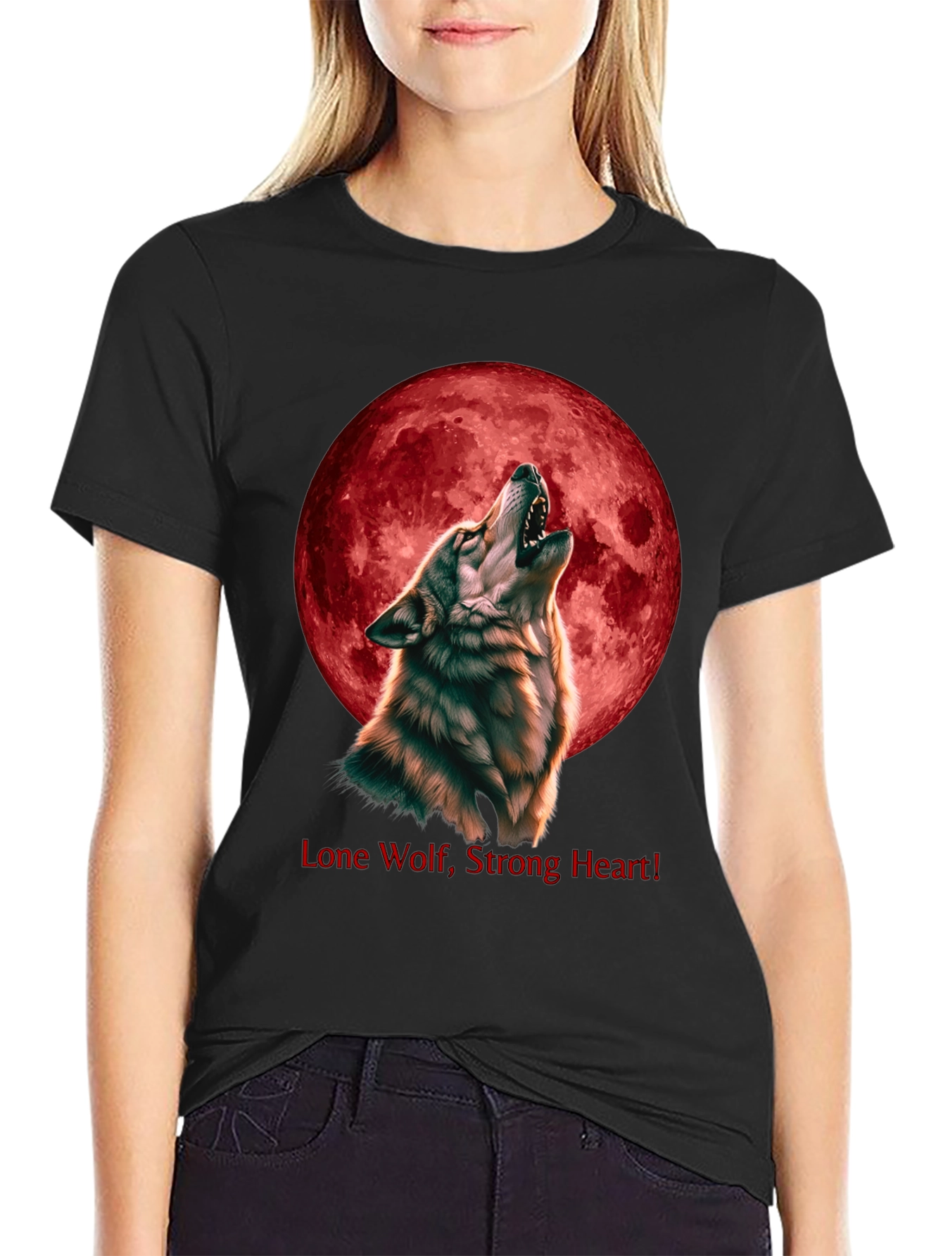 Wolf Howling at Red Moon T-Shirt - Lone Wolf Strong Heart