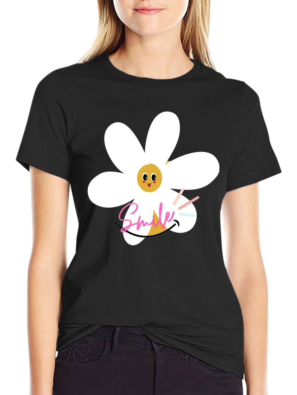 Smile Daisy Graphic Black T-Shirt