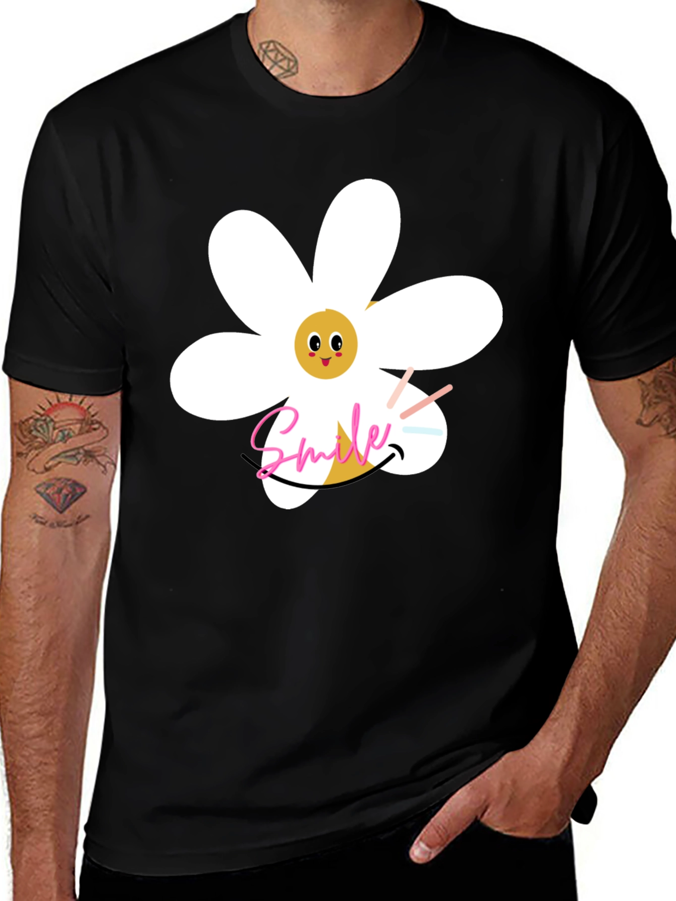 Smile Daisy Graphic Black T-Shirt