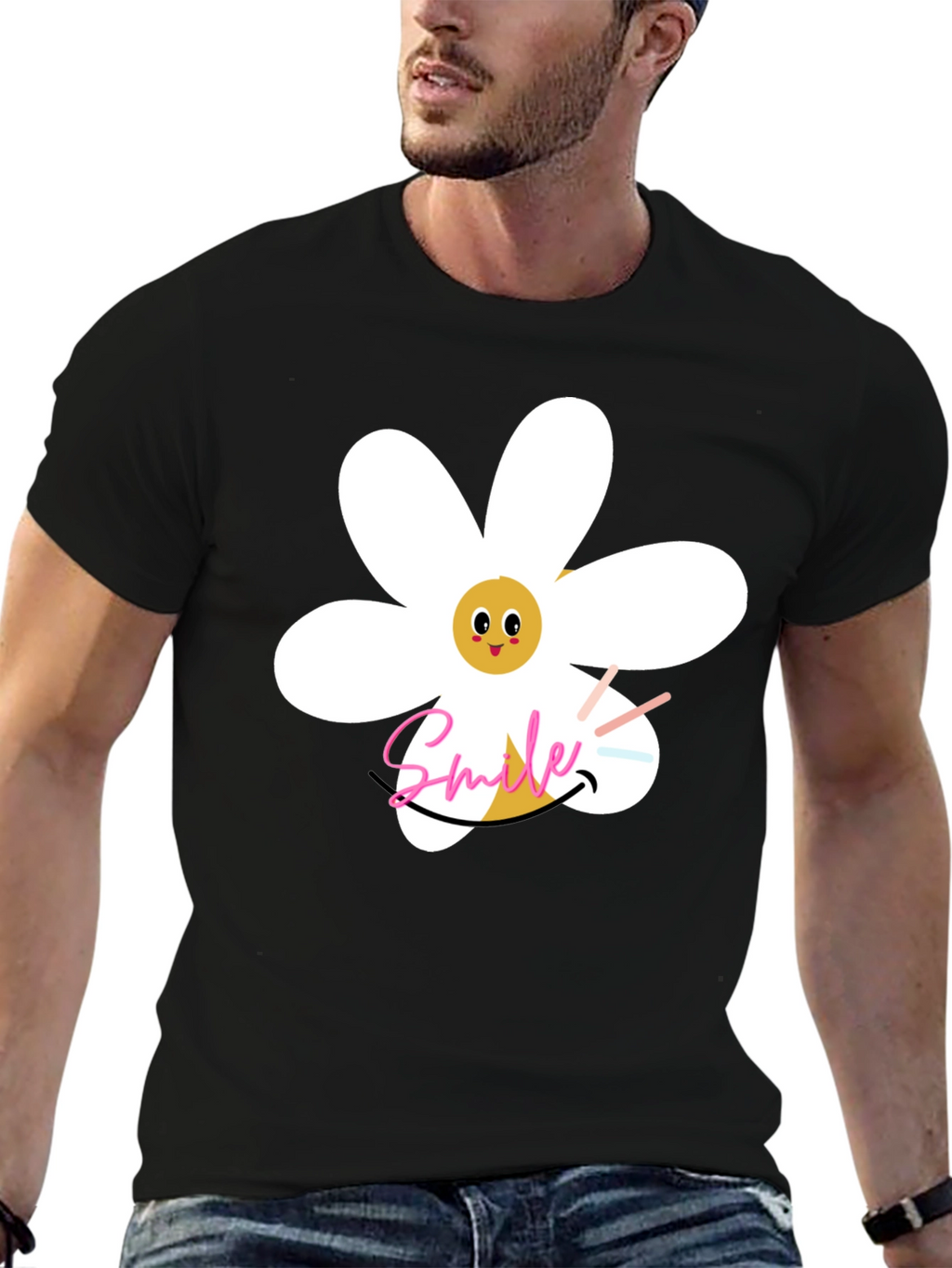 Smile Daisy Graphic Black T-Shirt