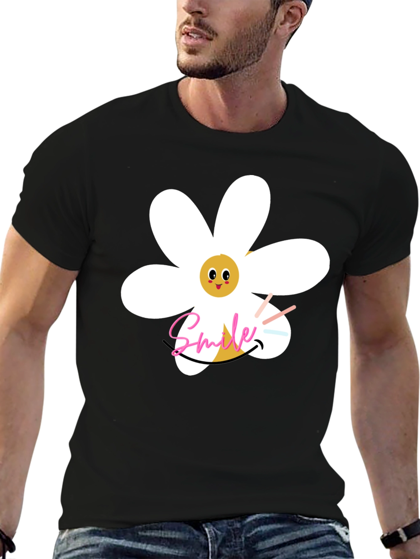 Smile Daisy Graphic Black T-Shirt