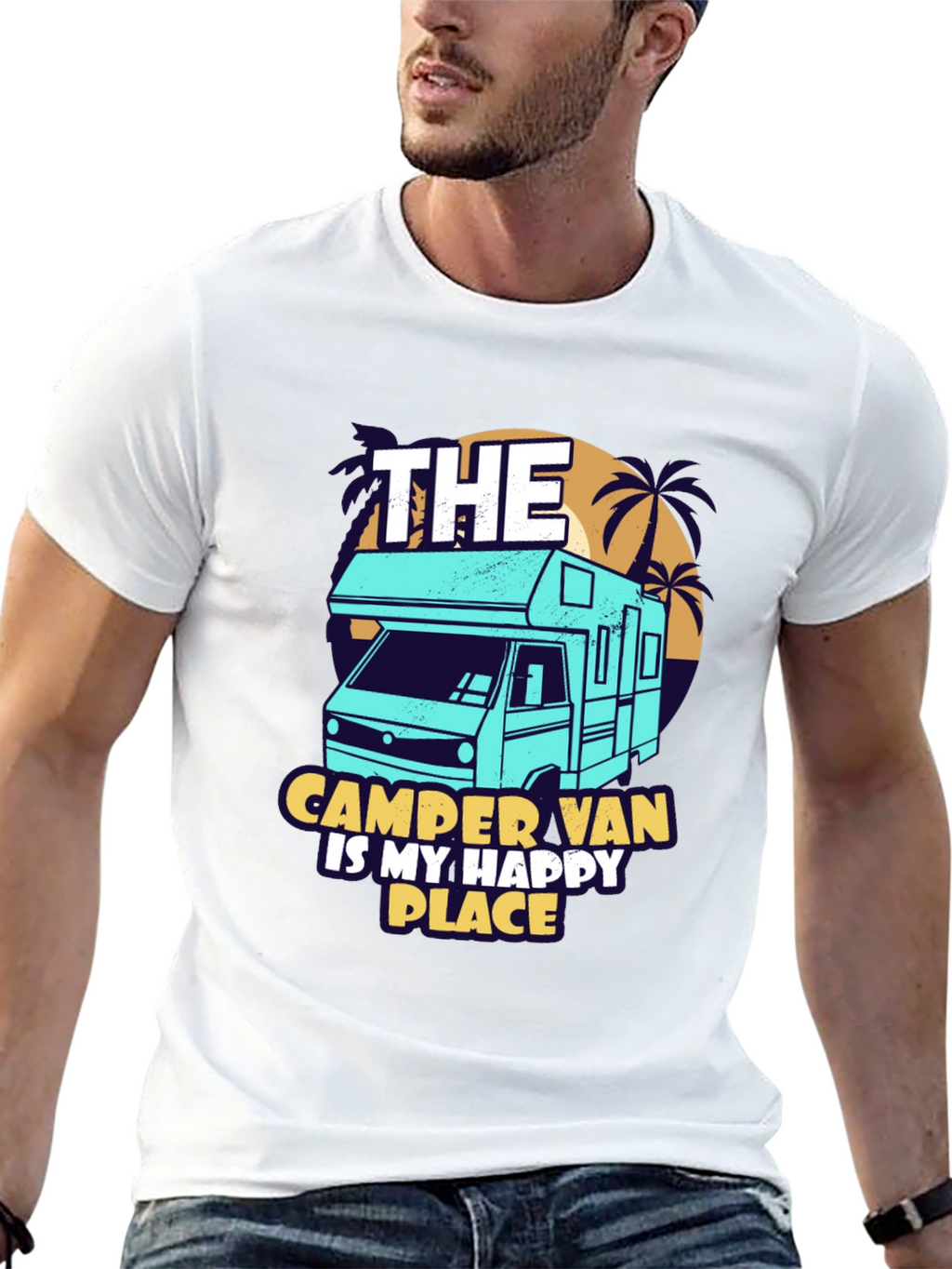 Camper Van Happy Place Black Graphic Tee