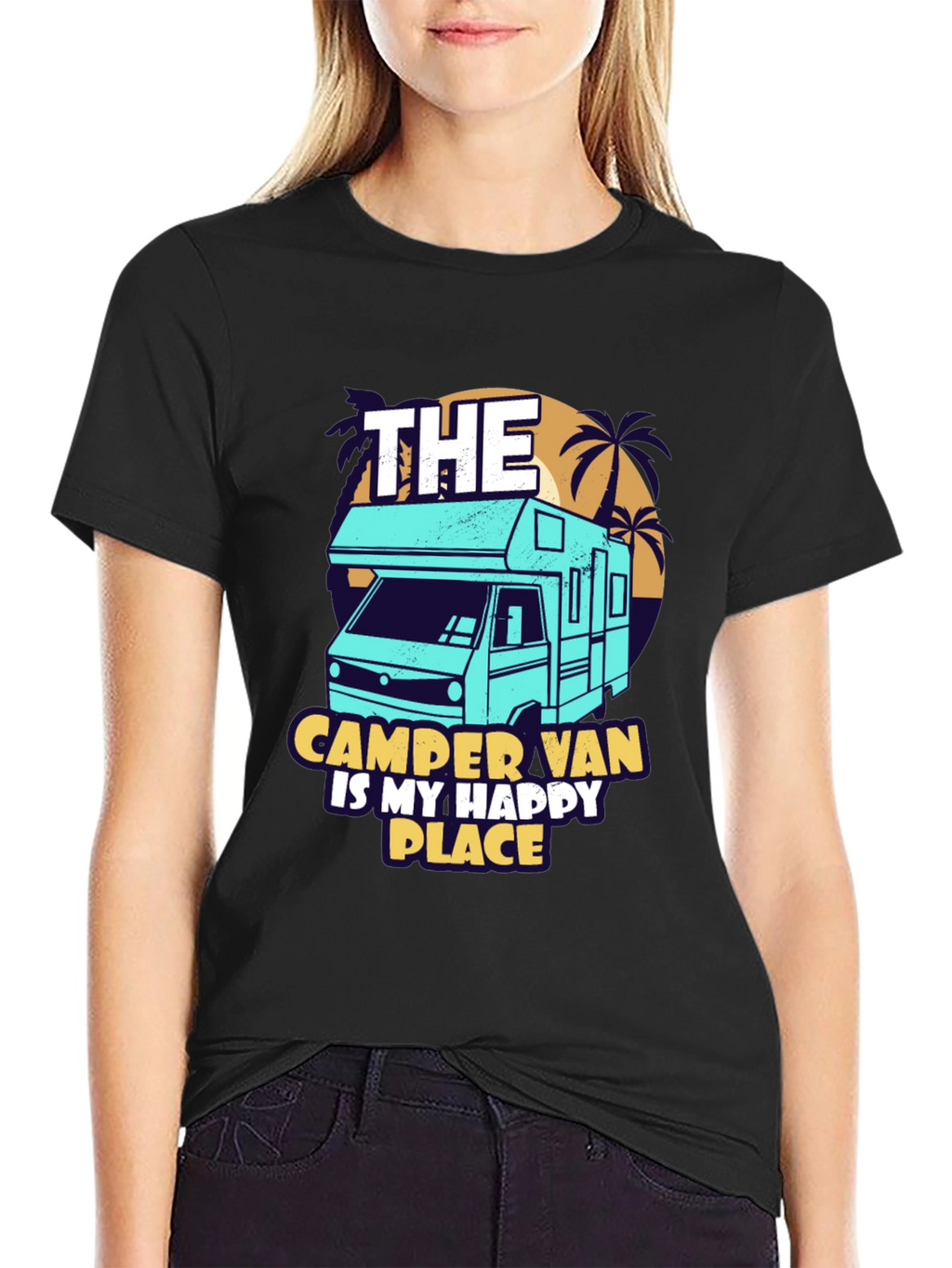Camper Van Happy Place Black Graphic Tee