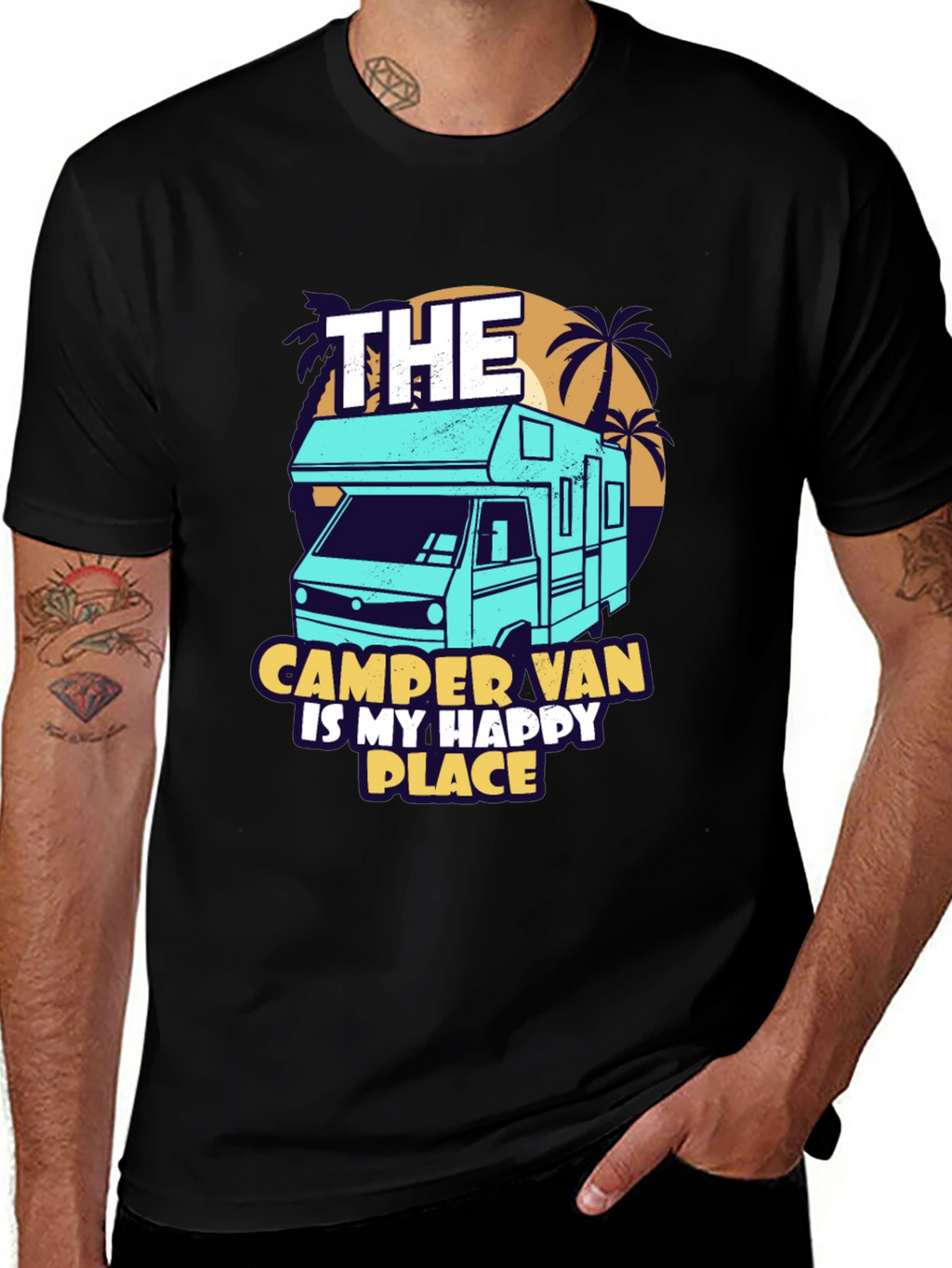 Camper Van Happy Place Black Graphic Tee