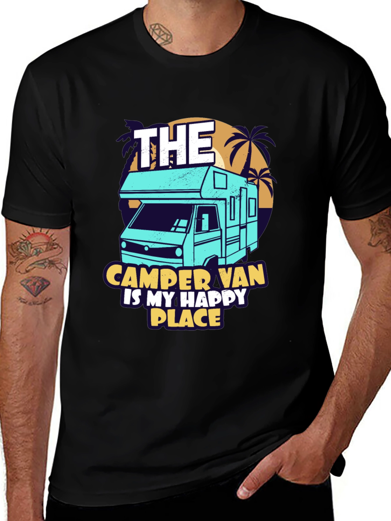 Camper Van Happy Place Black Graphic Tee