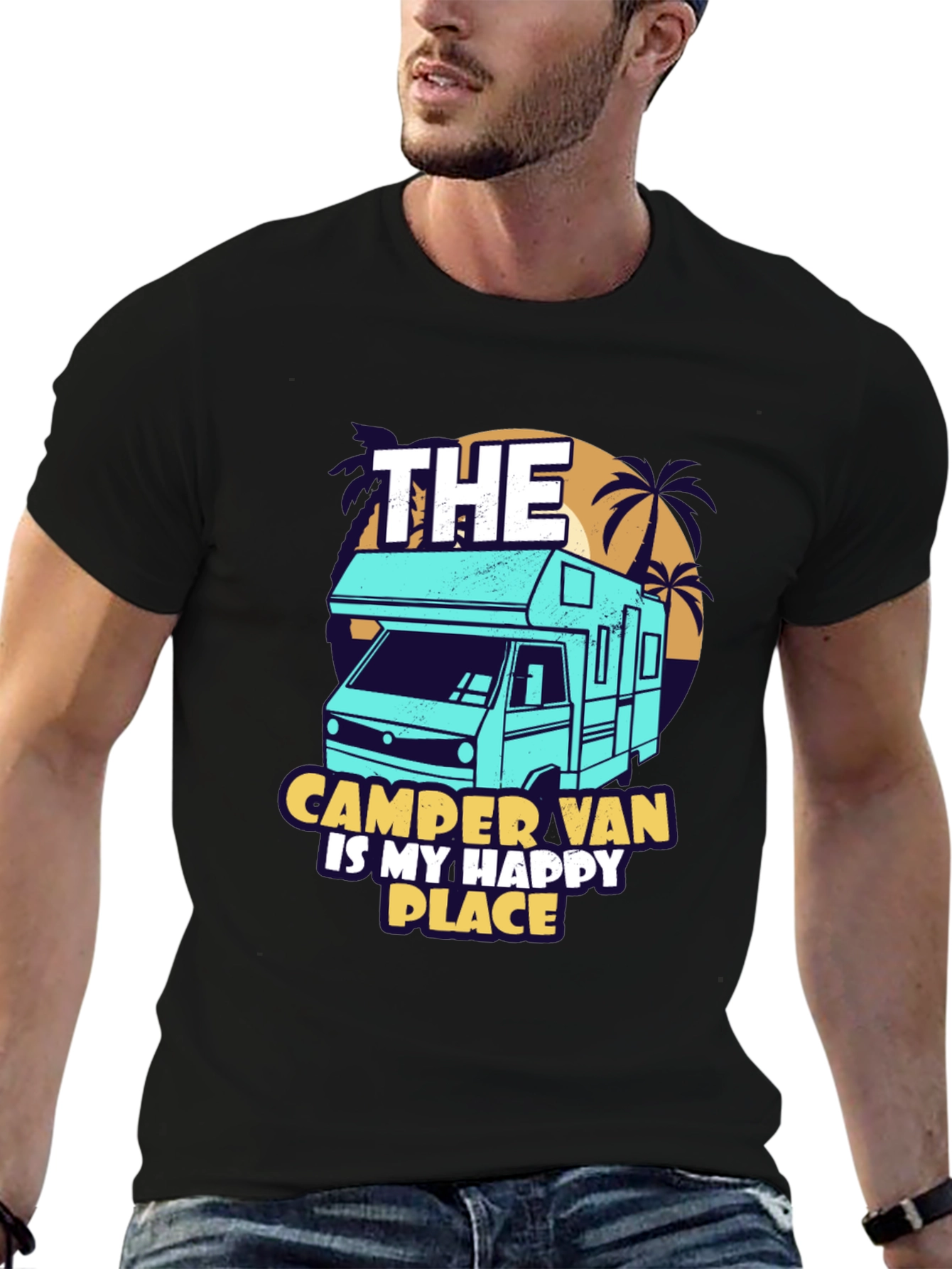 Camper Van Happy Place Black Graphic Tee
