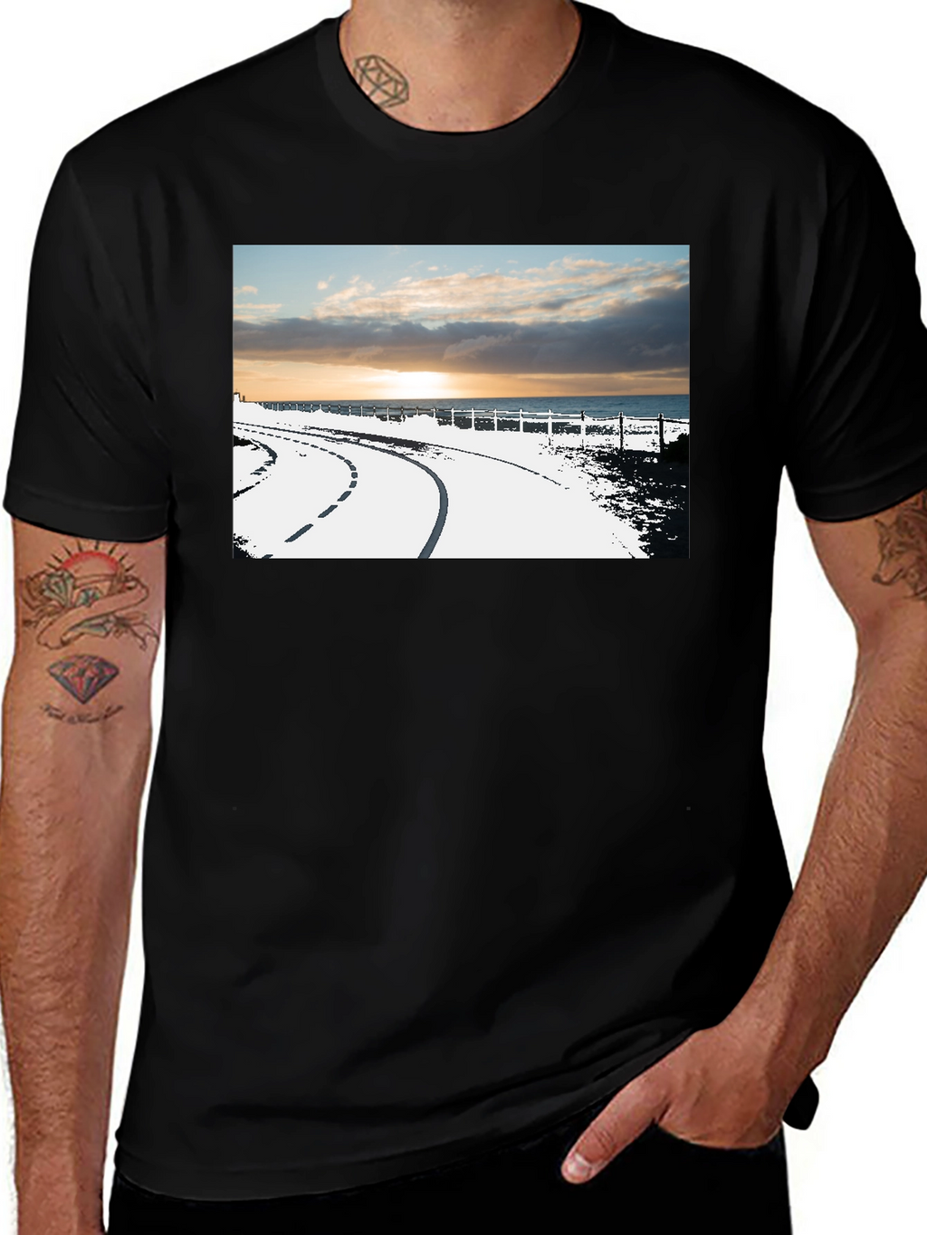 Sunset Road Graphic Tee - Black Cotton Casual T-Shirt