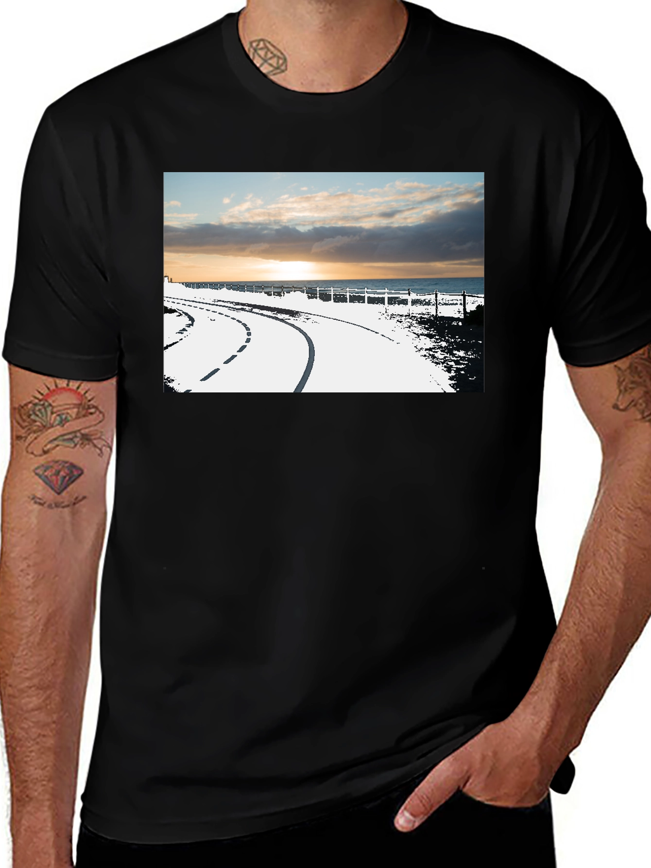 Sunset Road Graphic Tee - Black Cotton Casual T-Shirt