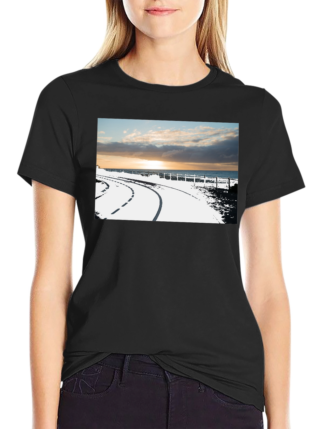 Sunset Road Graphic Tee - Black Cotton Casual T-Shirt