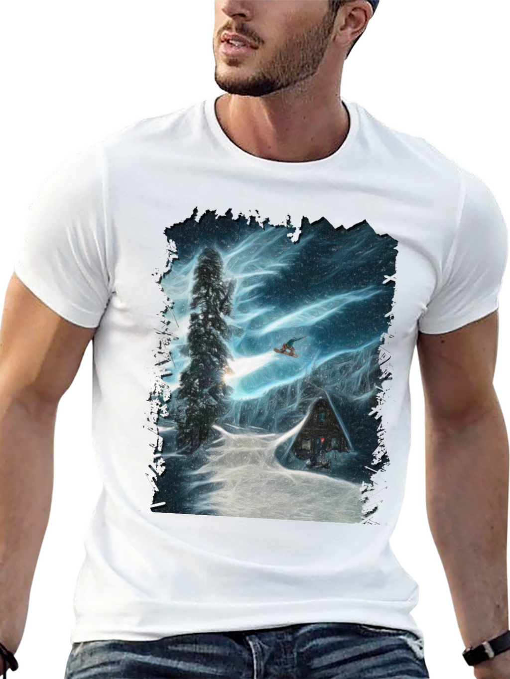 Winter Cabin Snowboarder Graphic Tee