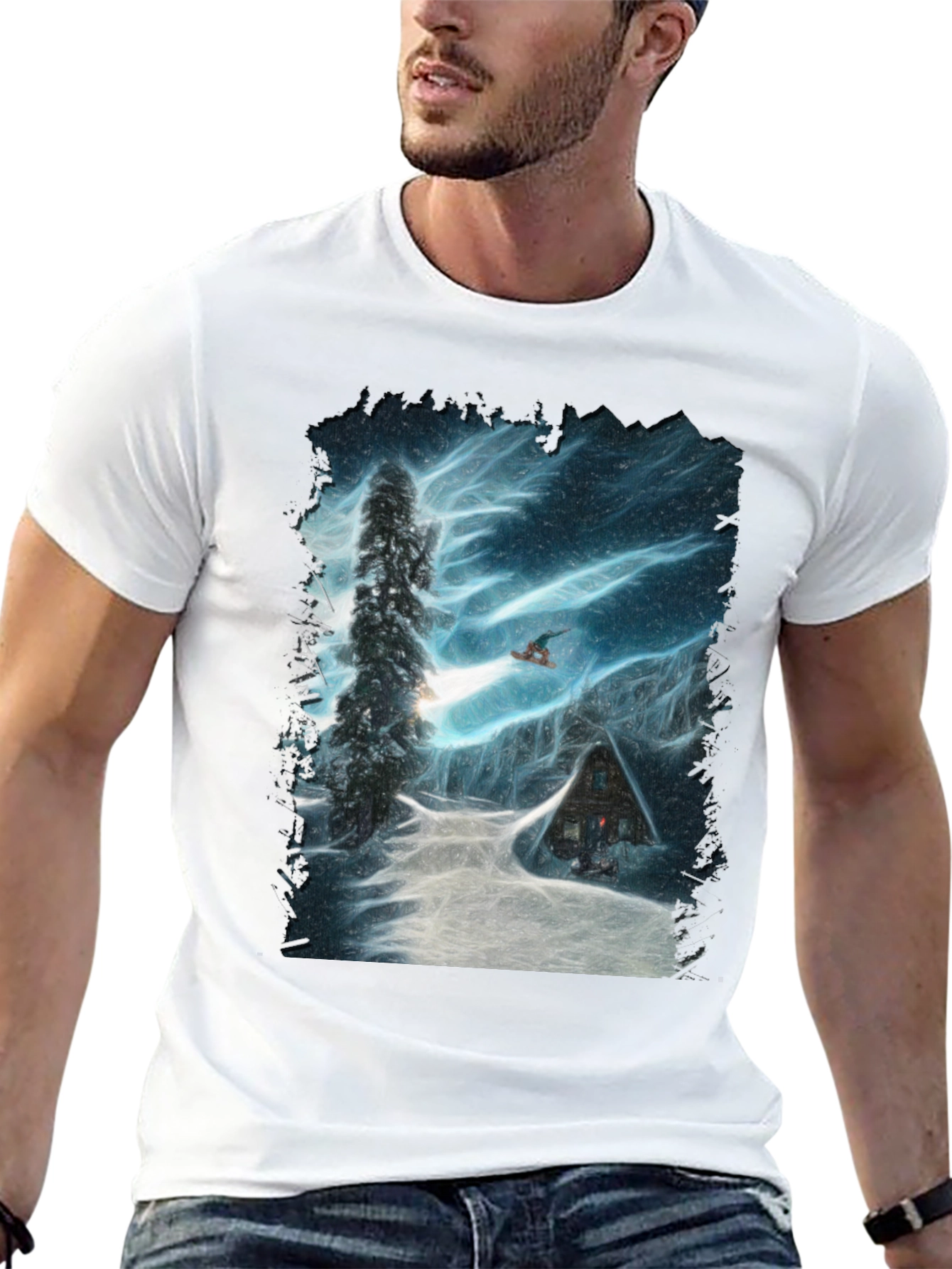 Winter Cabin Snowboarder Graphic Tee