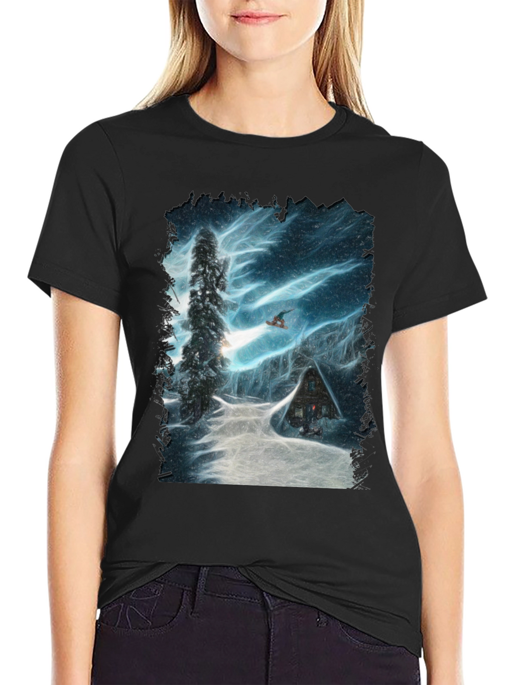 Winter Cabin Snowboarder Graphic Tee