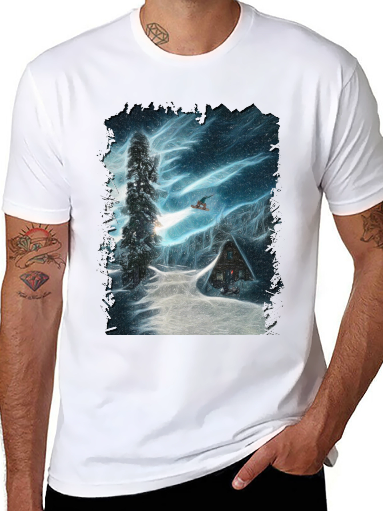 Winter Cabin Snowboarder Graphic Tee