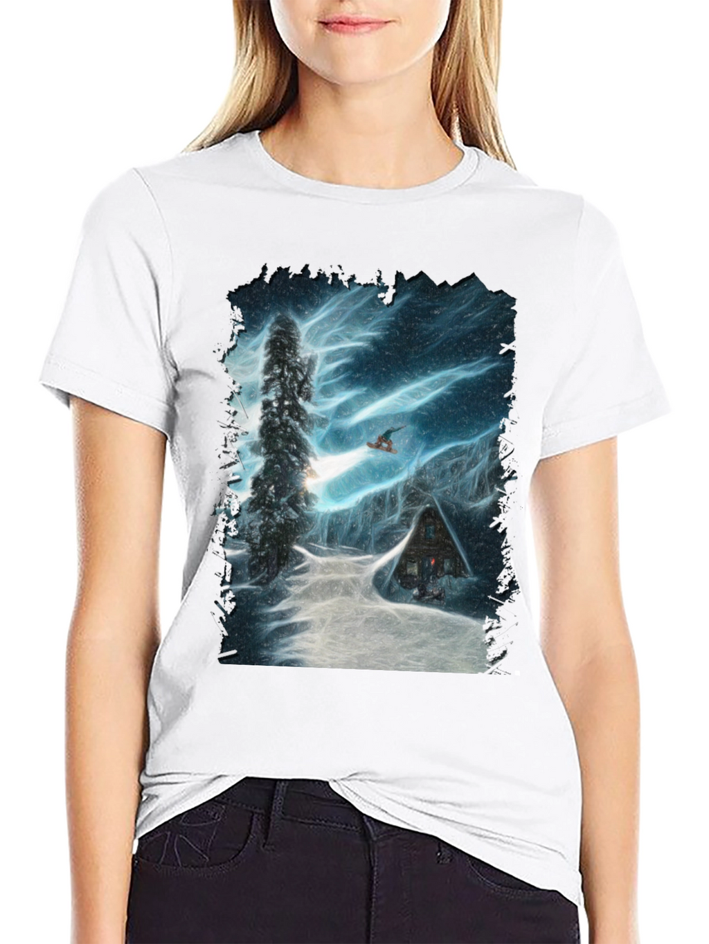 Winter Cabin Snowboarder Graphic Tee