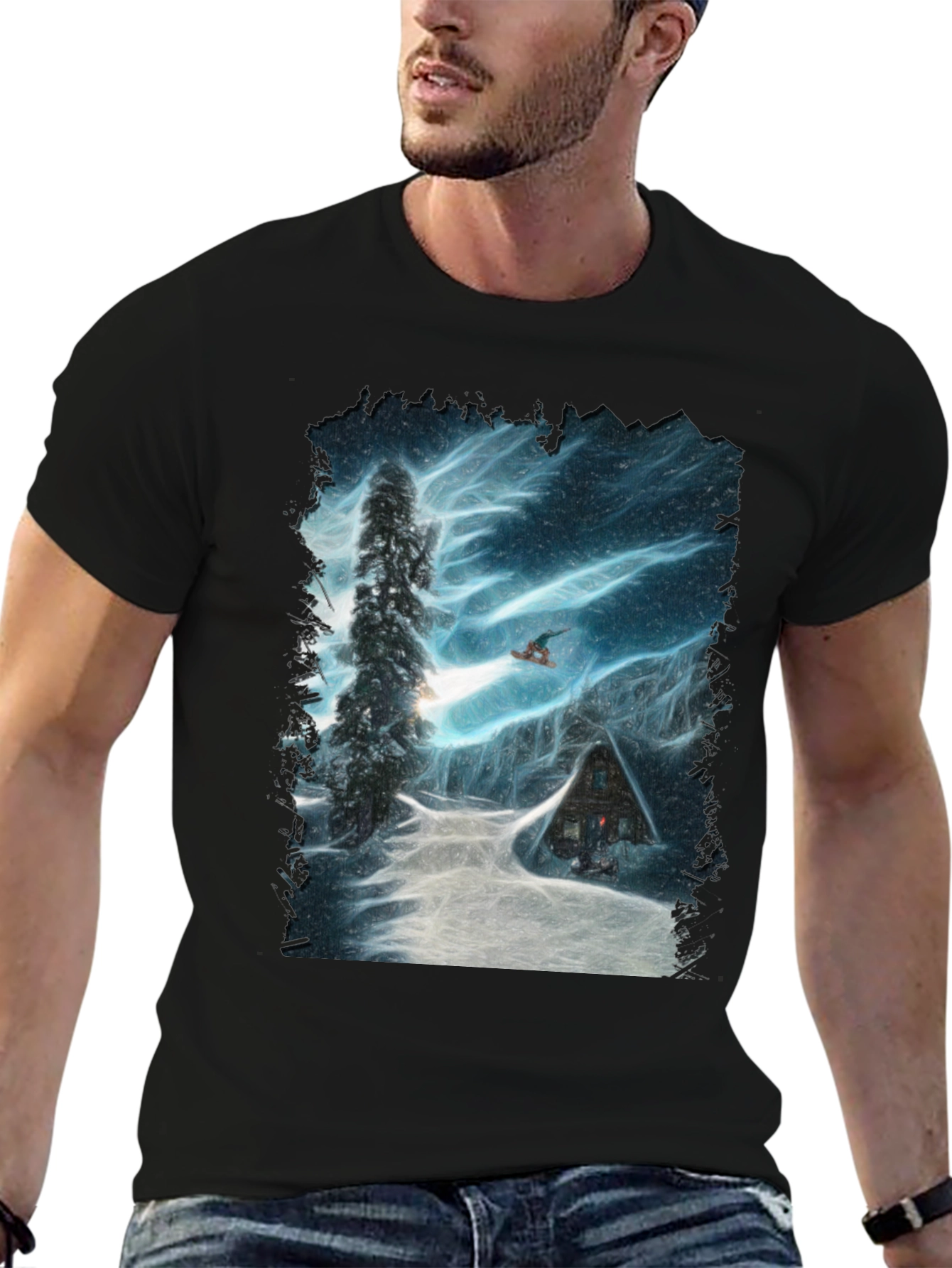Winter Cabin Snowboarder Graphic Tee