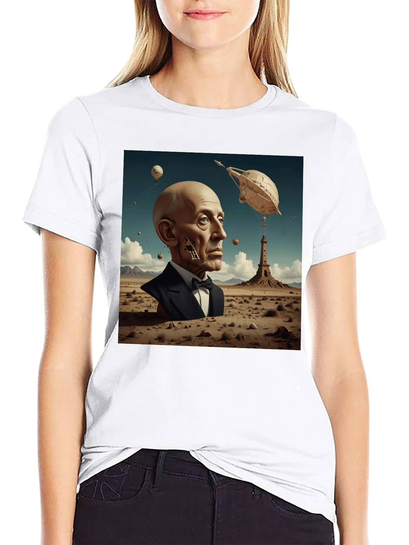 Surrealist Portrait T-Shirt: Desert Dreamscape