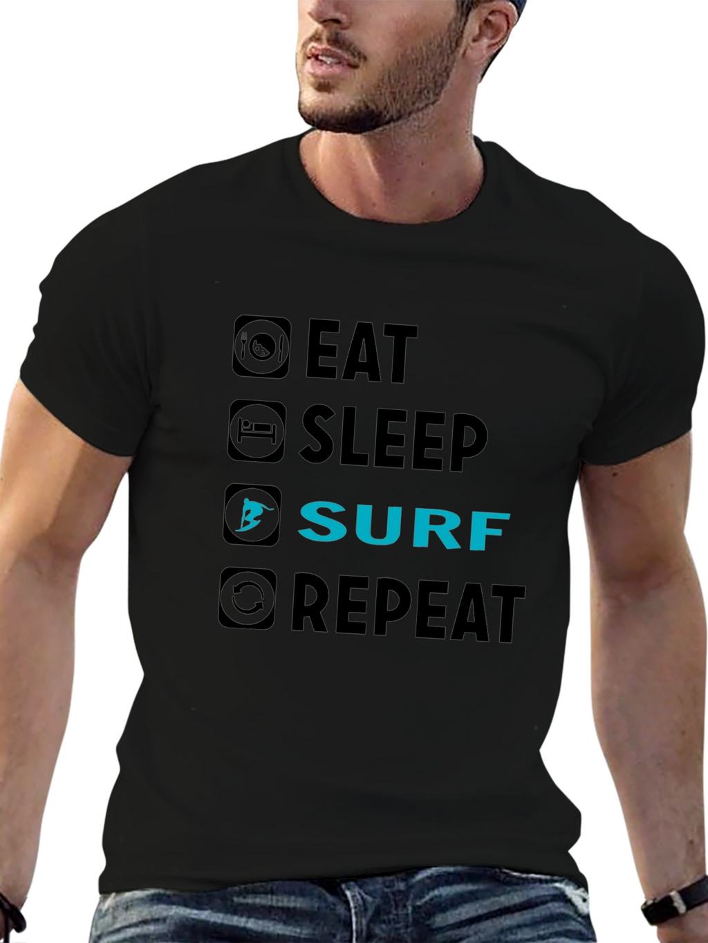 Eat Sleep Surf Repeat Black Graphic Tee