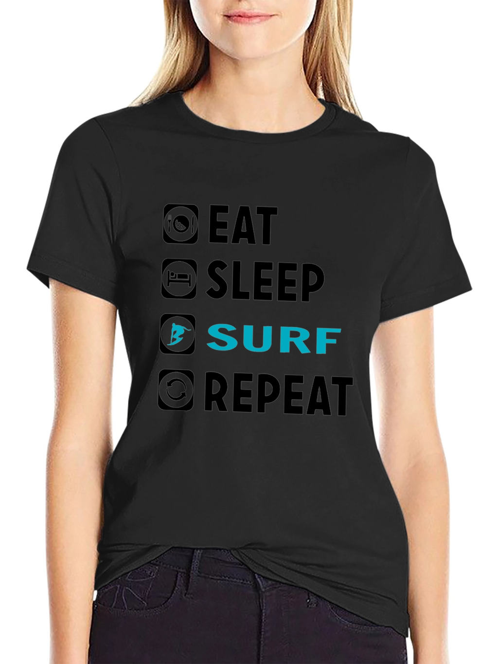 Eat Sleep Surf Repeat Black Graphic Tee