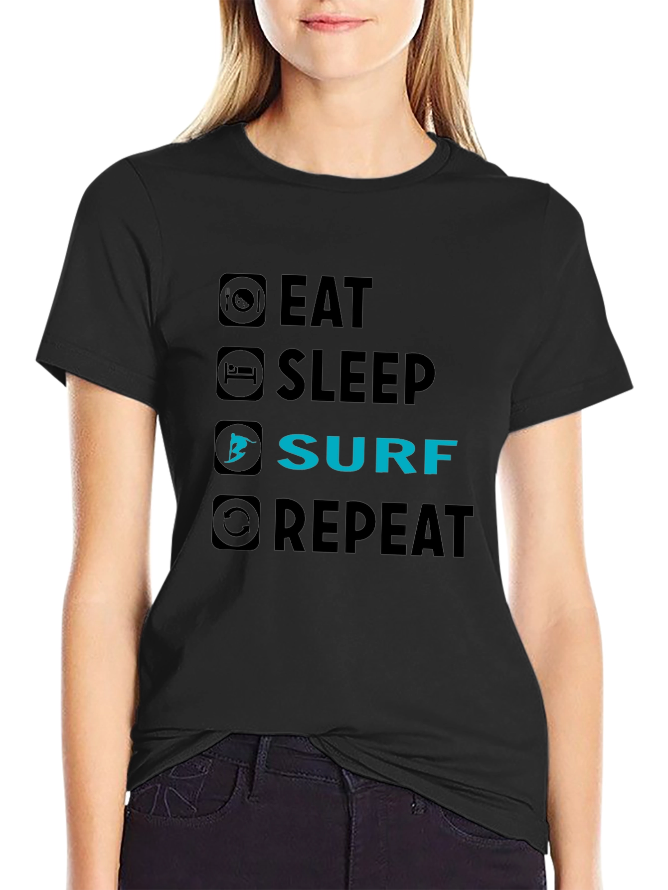 Eat Sleep Surf Repeat Black Graphic Tee