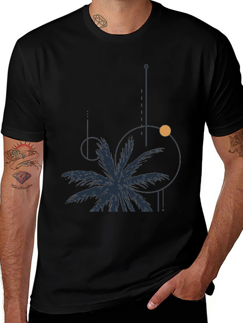 Mens Black Graphic Tee: Palm & Geometric Design