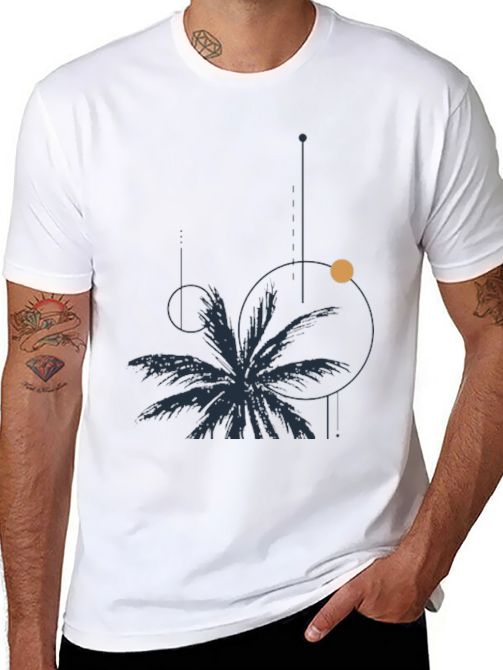 Mens Black Graphic Tee: Palm & Geometric Design