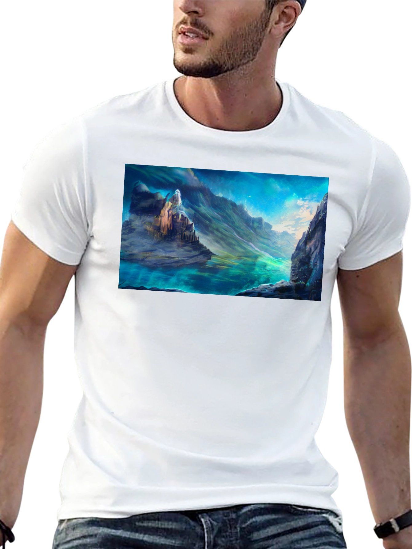 Fantasy Landscape Graphic Tee - Black Cotton Blend Shirt