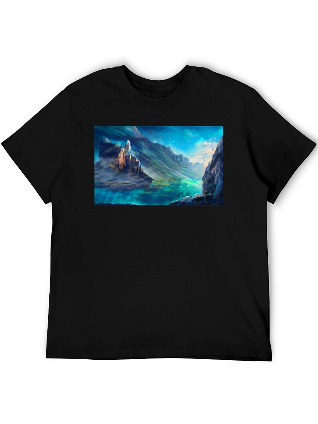 Fantasy Landscape Graphic Tee - Black Cotton Blend Shirt