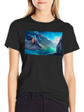 Fantasy Landscape Graphic Tee - Black Cotton Blend Shirt