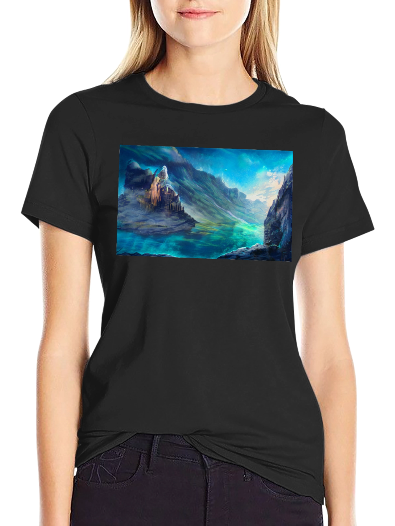Fantasy Landscape Graphic Tee - Black Cotton Blend Shirt