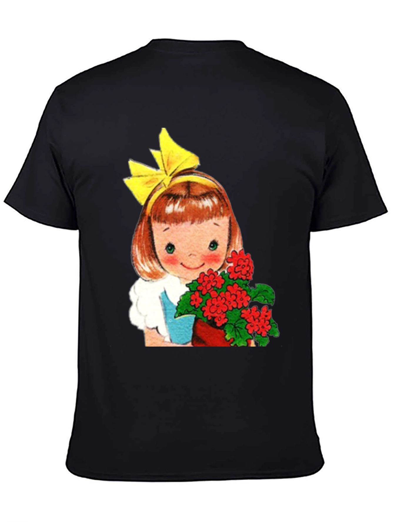Retro Girl with Flowers Graphic T-Shirt - Black