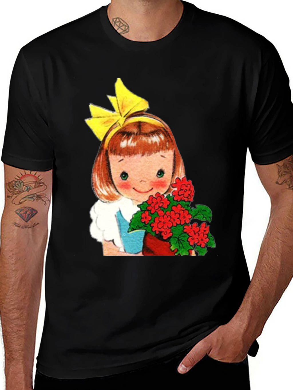 Retro Girl with Flowers Graphic T-Shirt - Black
