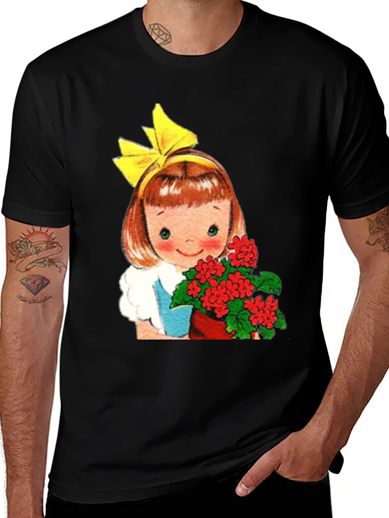Retro Girl with Flowers Graphic T-Shirt - Black
