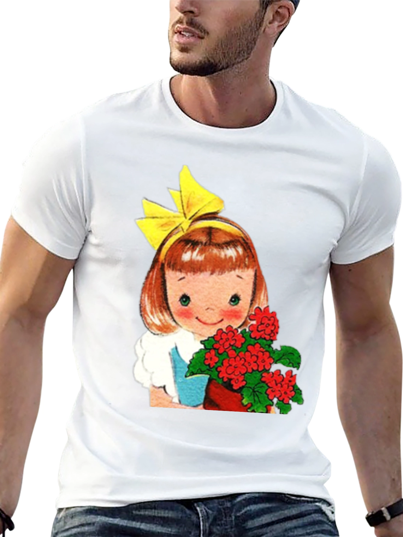 Retro Girl with Flowers Graphic T-Shirt - Black