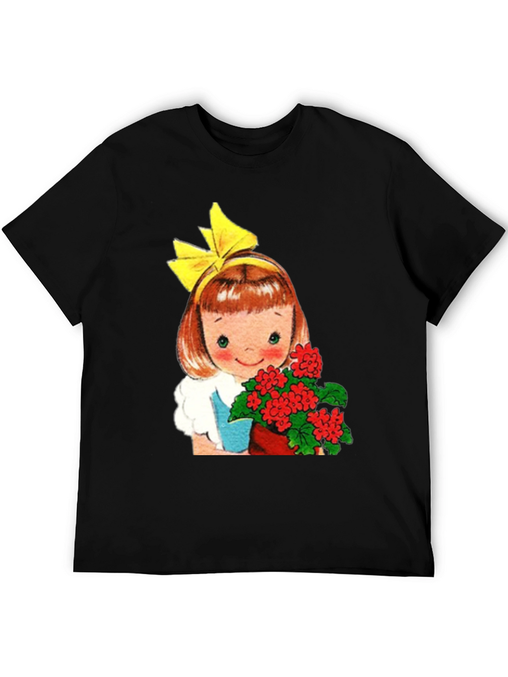 Retro Girl with Flowers Graphic T-Shirt - Black