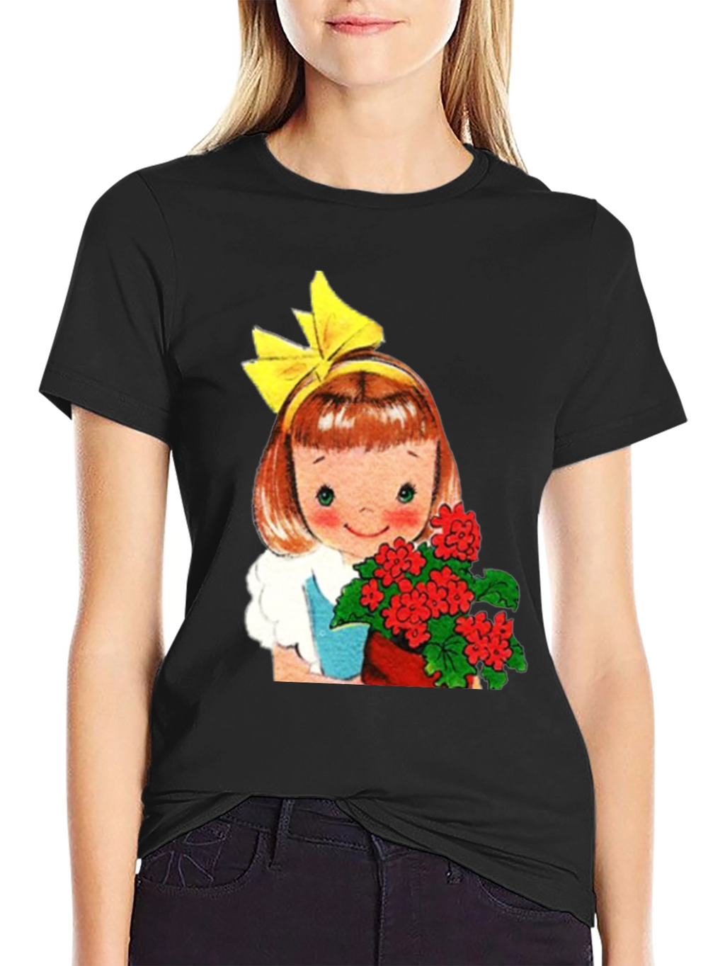 Retro Girl with Flowers Graphic T-Shirt - Black