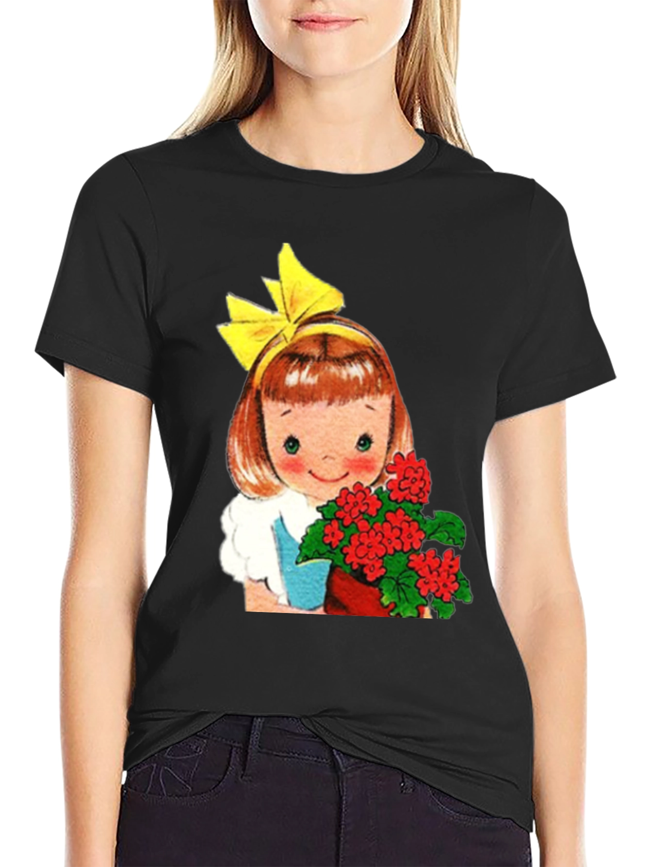 Retro Girl with Flowers Graphic T-Shirt - Black