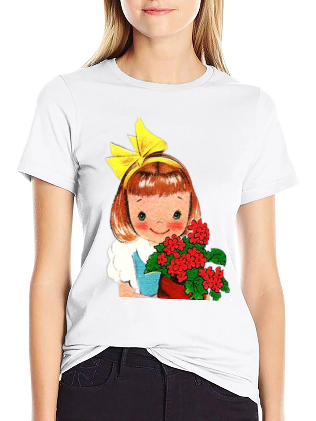 Retro Girl with Flowers Graphic T-Shirt - Black